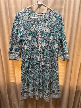 Soft Surroundings Teal, Navy, and Cream V-Neck Midi Dress
